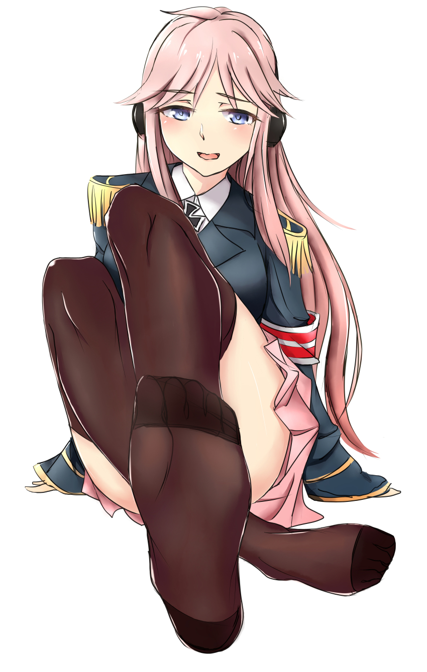 1girl, absurdres, arm_support, blue_eyes, blush, feet, foot_focus, headphones