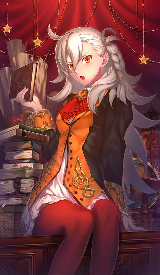 1girl, arm_support, blush, book, braid, craft_essence_(fate), fate/grand_order, fate_(series), female_focus, hair_between_eyes, hair_ornament, holding, holding_book, long_hair, looking_at_viewer, nekotawawa, olga_marie_animusphere, open_mouth, orange_eyes, pantyhose, red_pantyhose, shirt, silver_hair, sitting, solo, star_(symbol), tsundere, very_long_hair, white_shirt