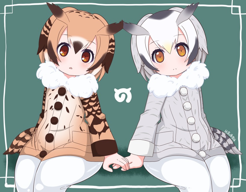 10s, 2girls, aqua_background, brown_eyes, brown_hair, coat, eurasian_eagle_owl_(kemono_friends), fur_coat