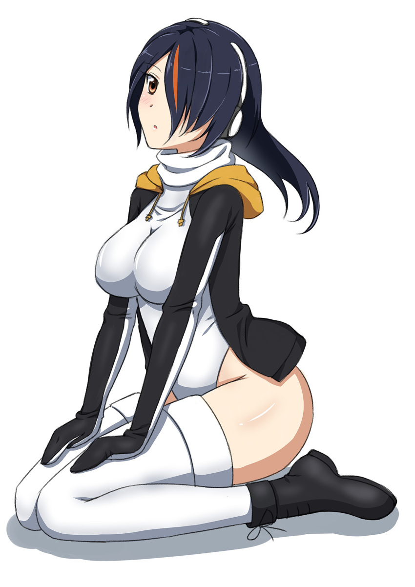 10s, 1girl, black_boots, black_hair, black_jacket, boots, breasts, brown_eyes, emperor_penguin_(kemono_friends), esuti, female_focus, full_body, hair_over_one_eye, headphones, highleg, highleg_leotard, highres, jacket, kemono_friends, leotard, long_hair, looking_at_viewer, multicolored_hair, simple_background, sitting, solo, thighhighs, wariza, white_background, white_leotard, white_thighhighs