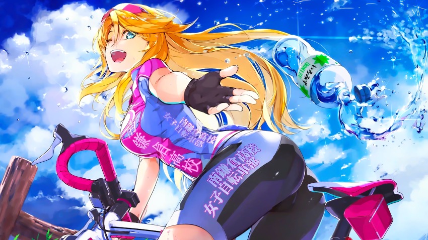 1girl, ;d, aqua_eyes, arm_at_side, ass, bent_over, bicycle, bike_jersey, bike_shorts, black_gloves, blonde_hair, blue_eyes, blue_sky, bottle, bottle_cap, breasts, cloud, cloudy_sky, day, end_card, eyewear_on_head, female_focus, fence, fingerless_gloves, fingernails, from_side, g_yuusuke, gloves, grin, hair_between_eyes, hand_up, highres, large_breasts, legs_apart, long_fingernails, long_hair, looking_at_viewer, looking_back, minami-kamakura_koukou_joshi_jitensha-bu, one_eye_closed, open_mouth, outdoors, plant, reaching, reaching_towards_viewer, riding, sandy_mcdougal, short_sleeves, skin_tight, sky, smile, solo, spandex, spilling, standing, sunglasses, teeth, throwing_drink, tongue, water, water_bottle, water_drop, wooden_fence