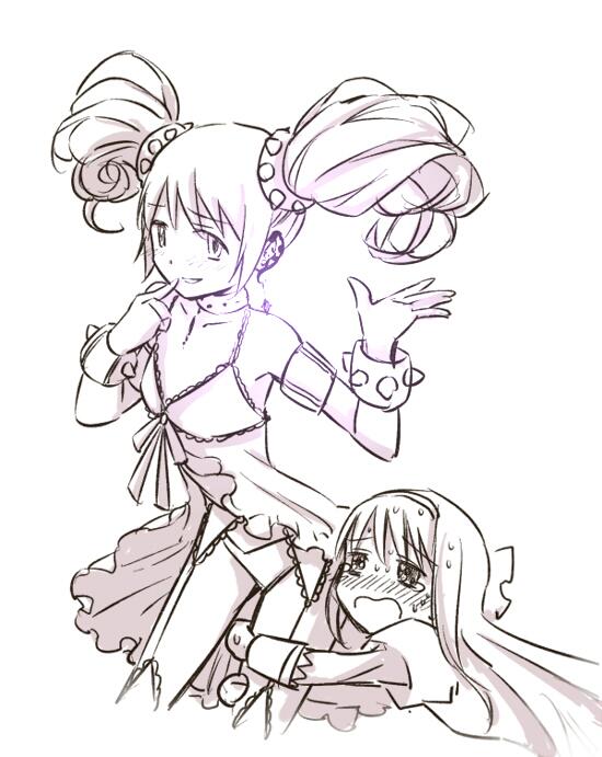 10s, 2girls, akemi_homura, armlet, blush, cropped_legs, hugging_own_legs, jewelry, kaname_madoka, kaname_madoka_(sexy_madoka), lingerie, mahou_shoujo_madoka_magica, mahou_shoujo_madoka_magica_(anime), multiple_girls, shippori, tears, twintails, underwear