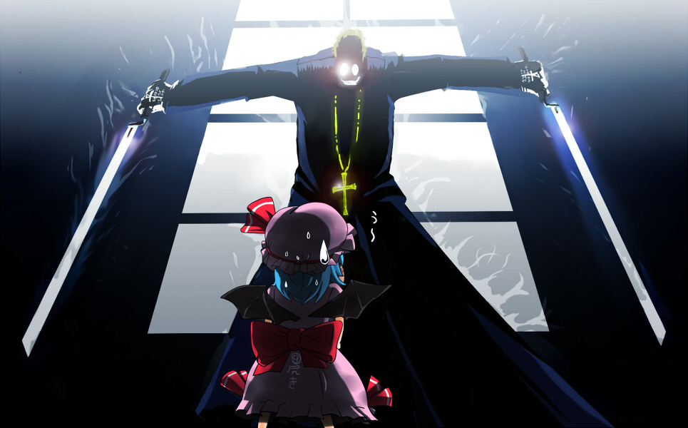 circled_9, 1boy, 1girl, alexander_anderson, bad_id, bad_pixiv_id, clothes_writing, cross, crossover, dual_wielding, grin, hellsing, holding, jewelry, necklace, raptor_(artist), remilia_scarlet, smile, sweatdrop, sword, touhou, uu~, weapon, you_gonna_get_raped, yukkuri_shiteitte_ne