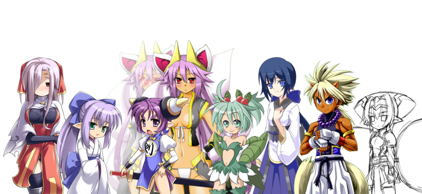 1boy, 6+girls, aoi_(shinrabanshou), blonde_hair, blue_eyes, blue_hair, green_eyes, green_hair, hellmatio, hisame_(shinrabanshou), horns, japanese_clothes, katami_shinta, konoha_(shinrabanshou), kuon_(shinrabanshou), long_hair, monochrome, multiple_girls, purple_eyes, purple_hair, red_eyes, shaofei_(shinrabanshou), shinrabanshou, short_hair, sword, tesshou, weapon