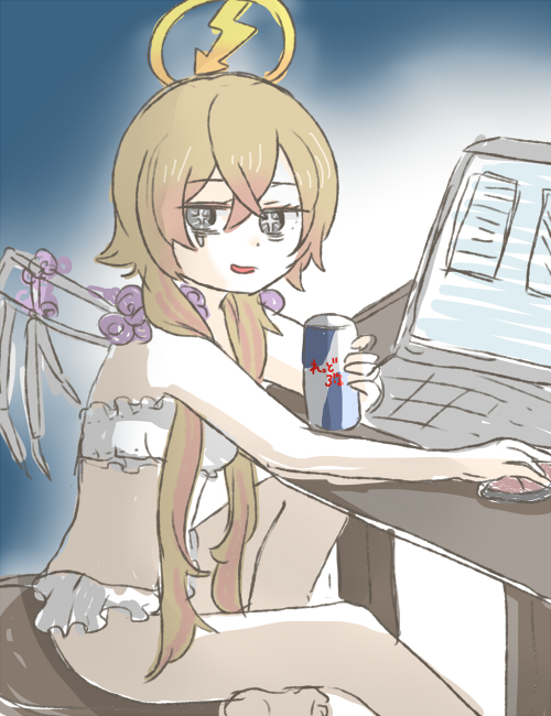 10s, 1girl, 6269, can, computer, cq_tenshi_hamuel, drink, female_focus