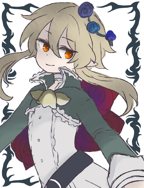 10s, 1girl, 6269, blonde_hair, cranberry_(mahoiku), elf, female_focus, flower, mahou_shoujo_ikusei_keikaku, mahou_shoujo_ikusei_keikaku_unmarked, orange_eyes, pointy_ears, rose, short_hair, solo