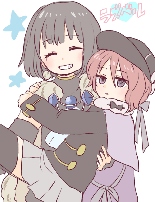 10s, 2girls, 6269, black_hair, cape, carrying, couple, detec_bell