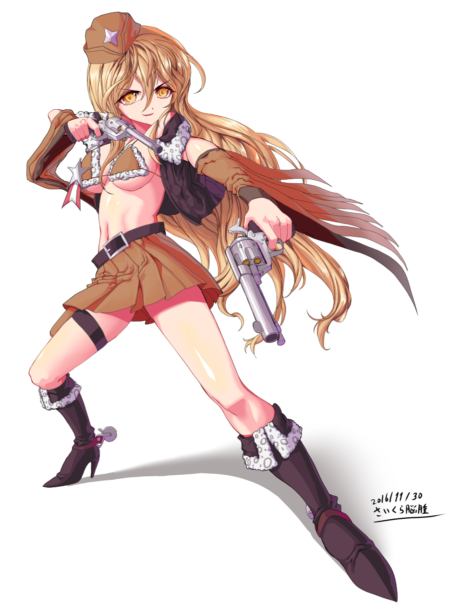 10s, 1girl, bikini, bikini_top_only, blonde_hair, boots, calamity_mary, cowgirl_(western)