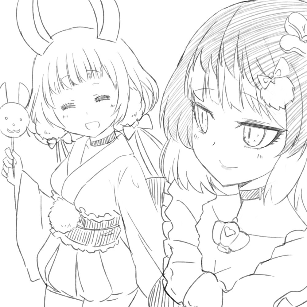 10s, 2girls, animal_ears, rabbit_ears, closed_eyes, gekokujou_hana, greyscale, japanese_clothes