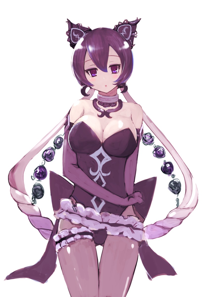 10s, 1girl, bad_id, bad_pixiv_id, bare_shoulders, breasts, cleavage, dark_cutie, double_bun, elbow_gloves, gloves, highres, large_breasts, magical_girl, mahou_shoujo_ikusei_keikaku, mahou_shoujo_ikusei_keikaku_aces, mahou_shoujo_ikusei_keikaku_queens, multiple_girls, pantyhose, purple_eyes, purple_hair, sirodengaku, sleeveless