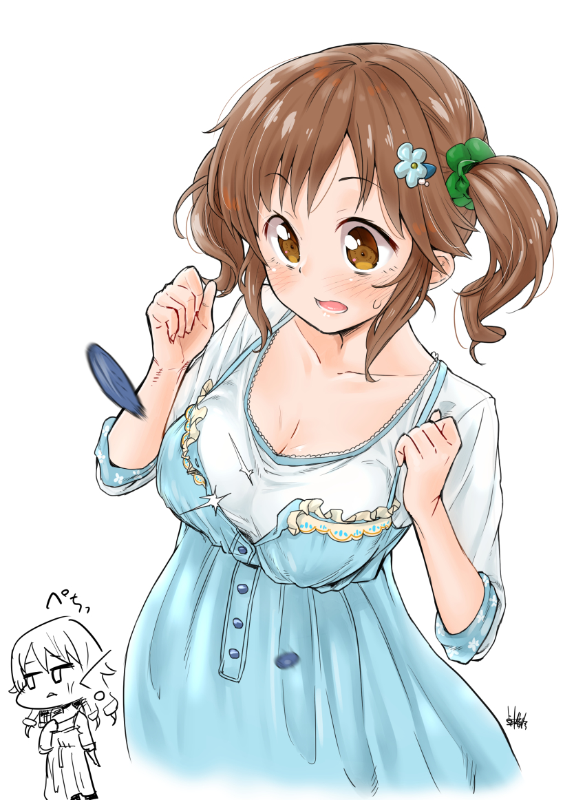 2girls, absurdres, blouse, blue_dress, blush, breasts, brown_eyes, brown_hair