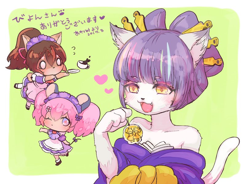 10s, 3girls, a_(myumon)_(show_by_rock!!), a_(show_by_rock!!), artist_request, blunt_bangs, brown_hair, cat