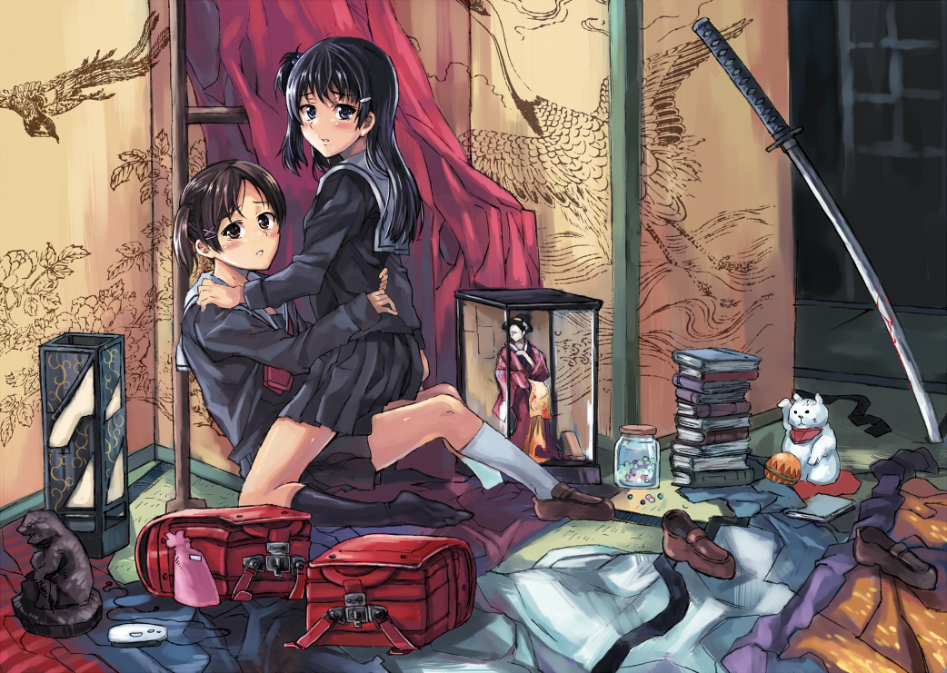 2girls, aged_up, backpack, bad_id, bad_pixiv_id, bag, black_hair, brown_hair
