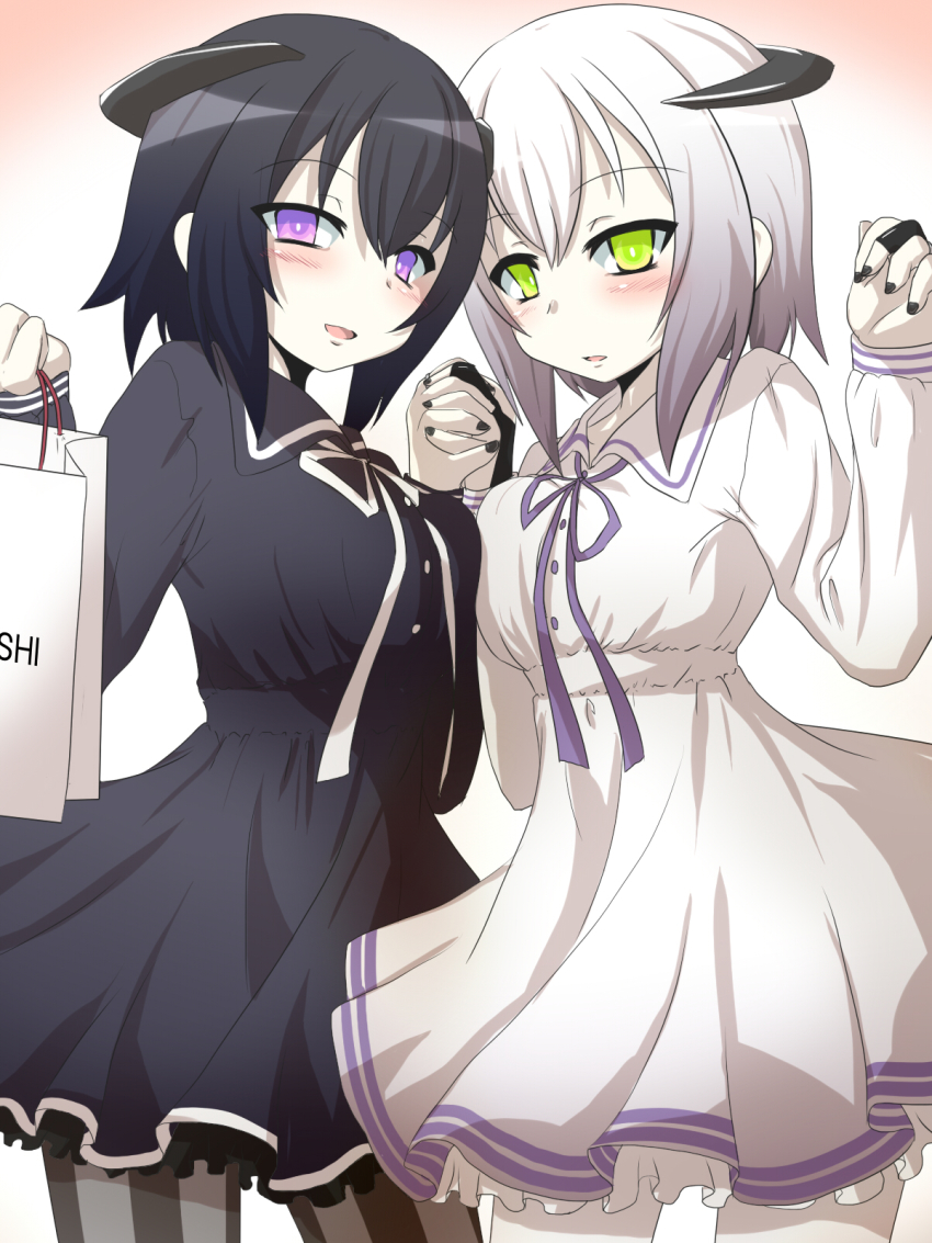 10s, 2girls, abyssal_ship, abyssal_twin_princess_(black), alternate_costume, bag, black_dress, black_nails