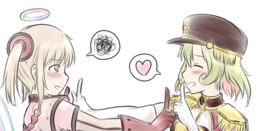 10s, 2girls, blush, closed_eyes, gloves, green_hair, halo, hat