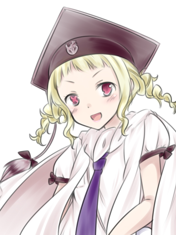 10s, 1girl, blonde_hair, braid, female_focus, hat, hicha_wynn, mahou_shoujo_ikusei_keikaku, mahou_shoujo_ikusei_keikaku_aces, monoshiri_micchan, necktie, pink_eyes, solo, twin_braids