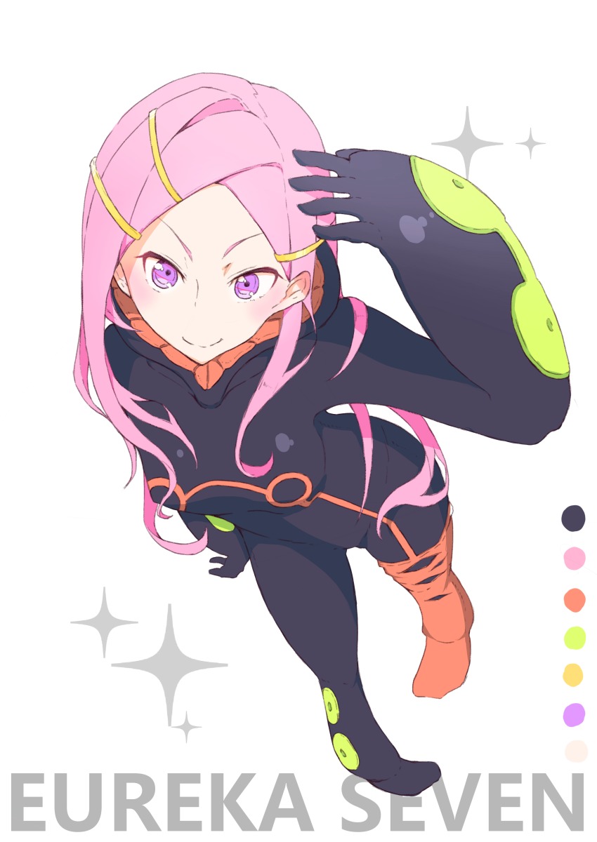 1girl, absurdres, anemone_(eureka_seven), blush, bodysuit, breasts, english_text, eureka_seven, eureka_seven_(series), female_focus, from_above, full_body, hair_ornament, hand_in_own_hair, highres, homaru_sangou, long_hair, looking_at_viewer, pink_hair, purple_eyes, simple_background, small_breasts, smile, solo, sparkle, text_focus, white_background
