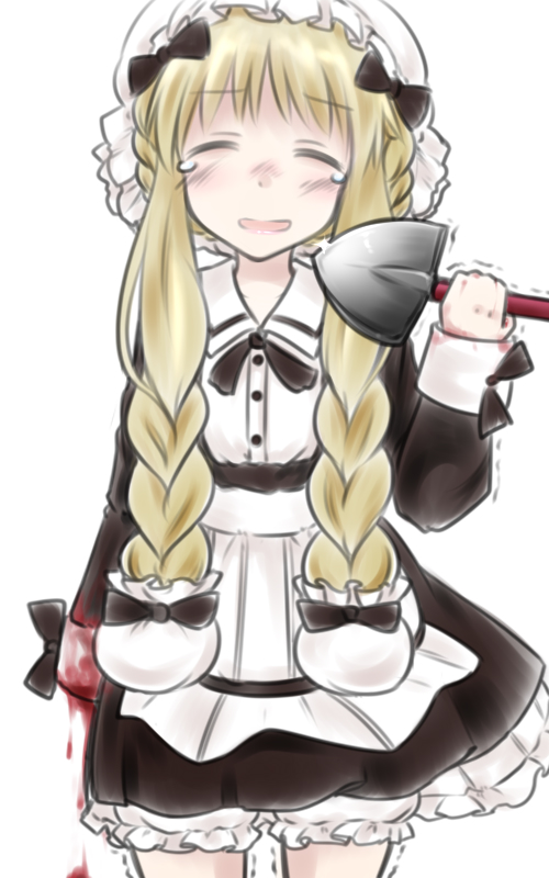 10s, 1girl, amputee, blonde_hair, blood, closed_eyes, female_focus, hat, hicha_wynn, long_hair, mahou_shoujo_ikusei_keikaku, mahou_shoujo_ikusei_keikaku_restart, maid, mob_cap, nokko-chan, shovel, smile, solo, tears, worktool