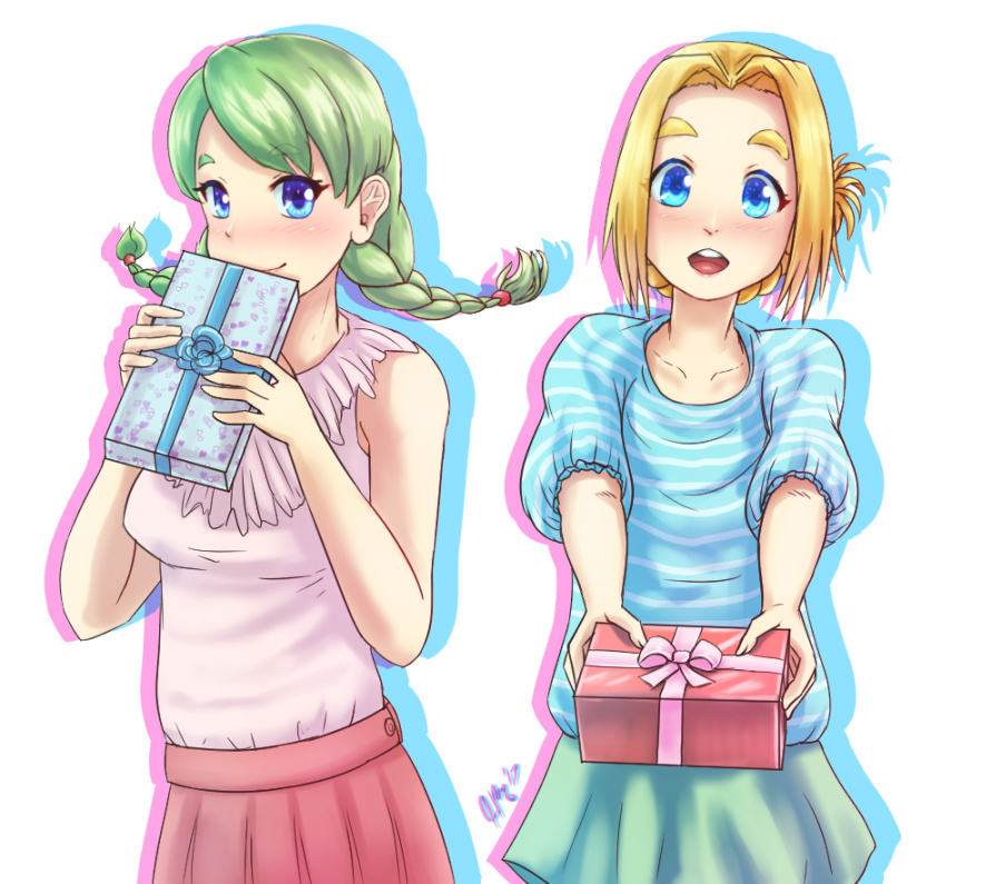 2girls, belfast_(warship_girls_r), blonde_hair, blue_eyes, braid, casual, commentary, edinburgh_(warship_girls_r)