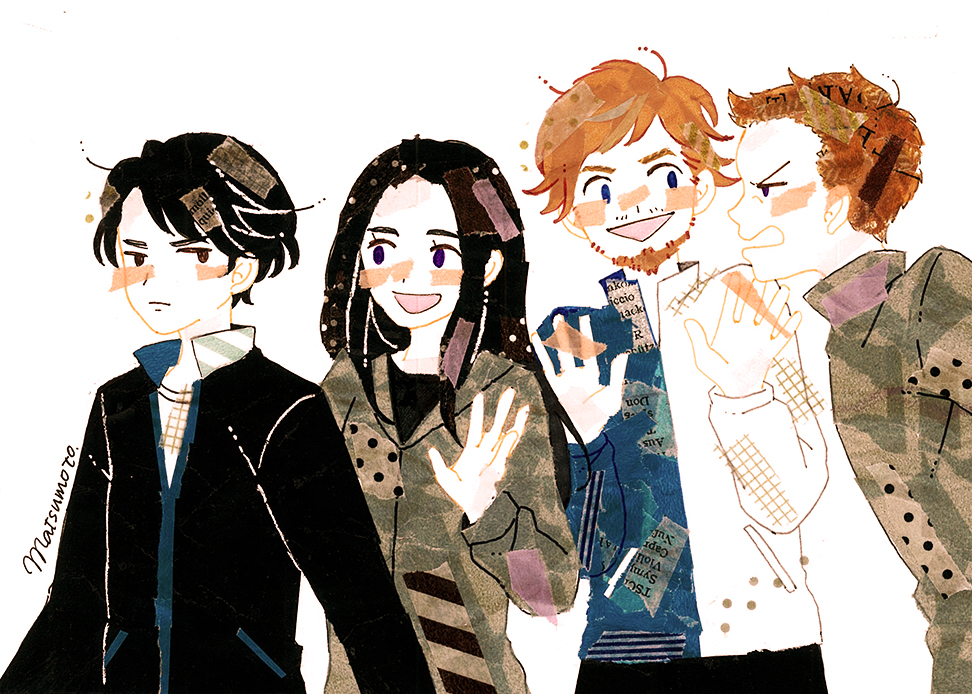 10s, 1girl, 3boys, :d, beard, black_hair, blue_eyes, brown_hair