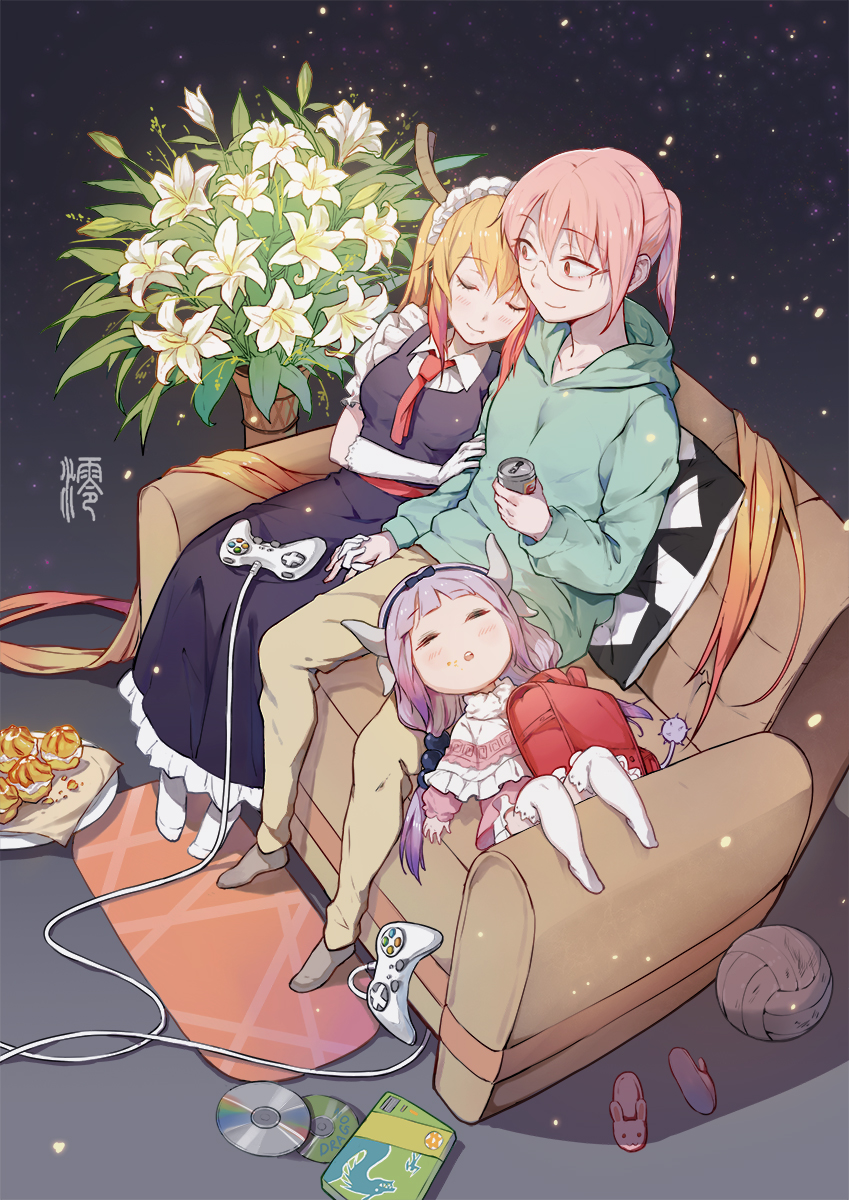 10s, 3girls, animal_slippers, backpack, bag, ball, beer_can, black_socks