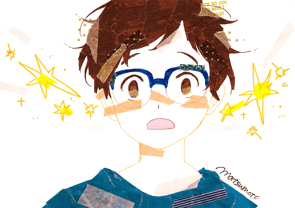10s, 1boy, alternate_hair_color, blue-framed_eyewear, brown_eyes, brown_hair, glasses, katsuki_yuuri