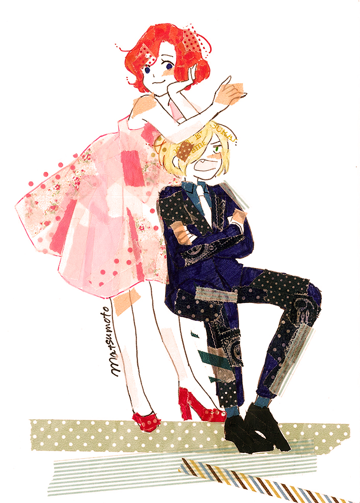 10s, 1boy, 1girl, blonde_hair, blue_eyes, head_rest, crossed_arms, dress