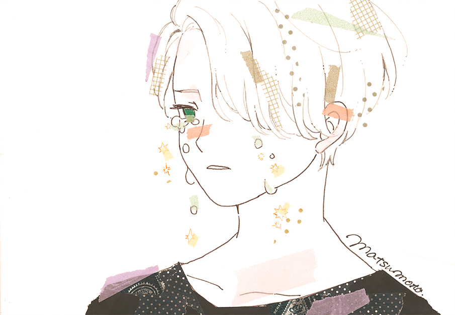 10s, 1boy, alternate_eye_color, green_eyes, hair_over_one_eye, male_focus, nozimami, parted_lips, silver_hair, tears, upper_body, viktor_nikiforov, yuri!!!_on_ice