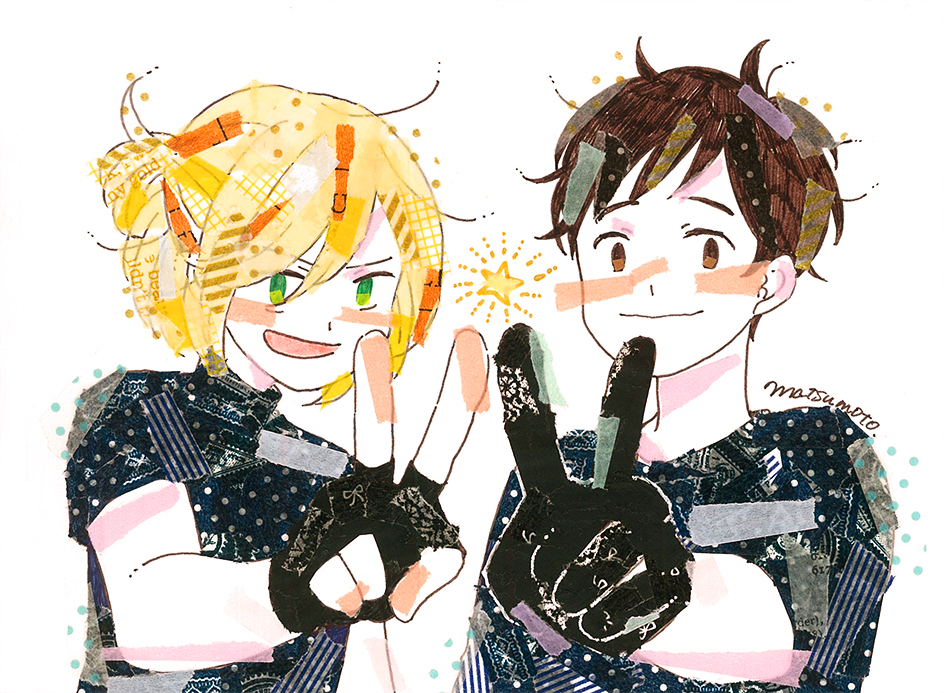 10s, 2boys, black_gloves, black_hair, blonde_hair, brown_eyes, fingerless_gloves, gloves