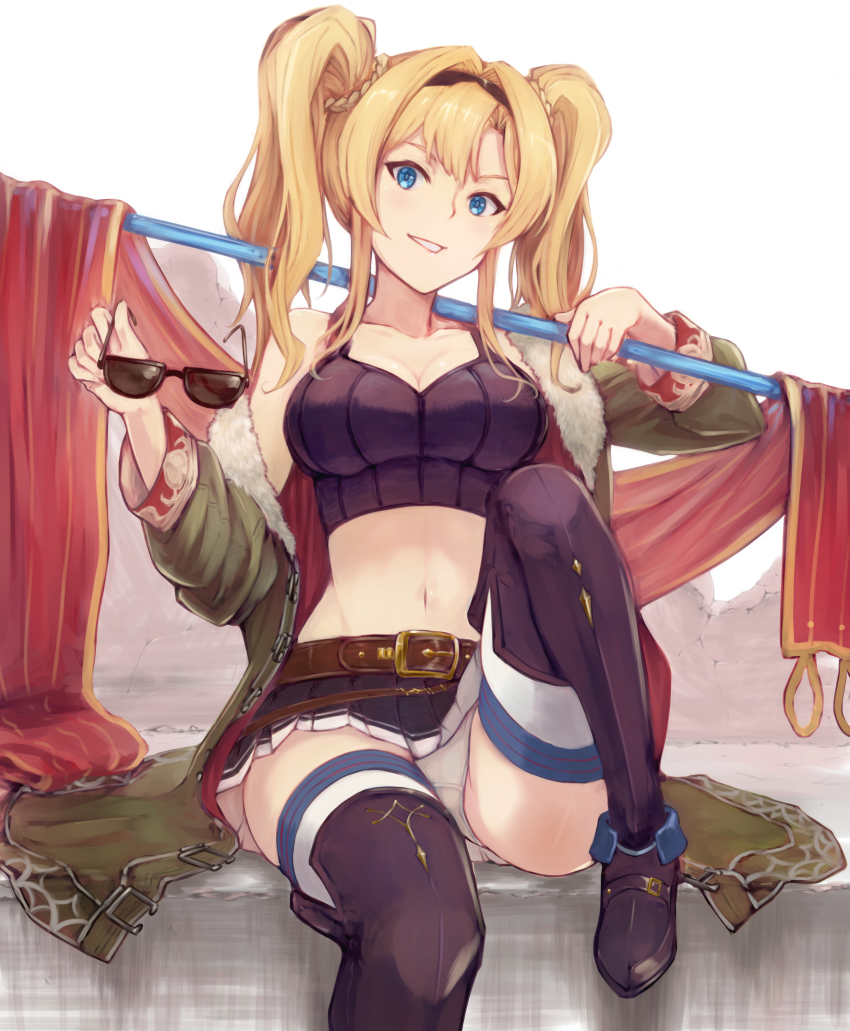 10s, 1girl, bare_shoulders, black_boots, black_skirt, blonde_hair, blue_eyes, blush