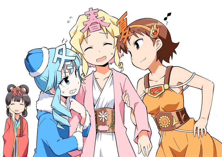 4girls, aki-chan, anbe_masahiro, arm_grab, black_hair, blonde_hair, blue_coat, blue_eyes, blue_hair, brown_eyes, brown_hair, closed_mouth, coat, dress, flying_sweatdrops, fume, fumi-chan_(nhk), grimace, hair_rings, hand_on_own_hip, hand_on_own_face, haru-chan, highres, japanese_clothes, kimono, long_hair, long_sleeves, looking_at_another, multiple_girls, musical_note, natsu-chan, nhk_(broadcaster), open_mouth, orange_dress, personification, pink_coat, quaver, red_dress, short_hair, simple_background, sleeveless, sleeveless_dress, smile, standing, sweatdrop, white_background, white_dress