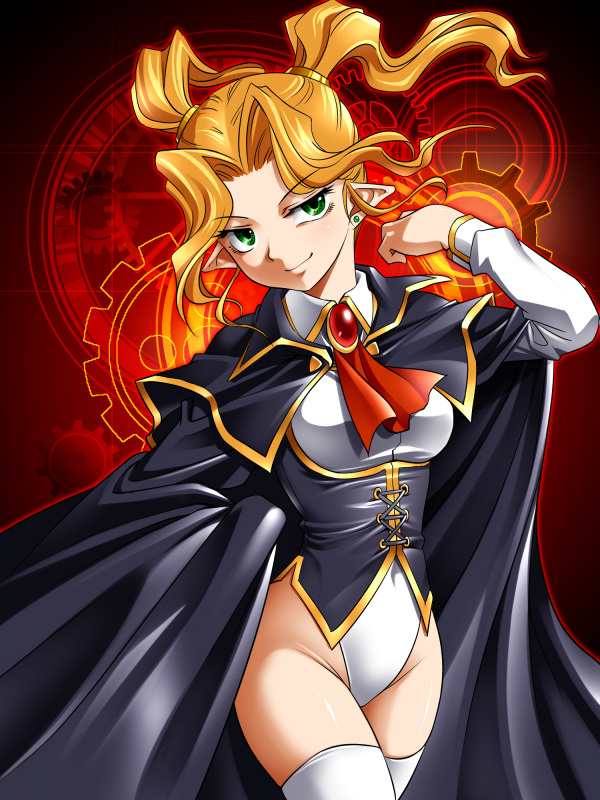 1girl, acis_(hawawani), bad_id, bad_tinami_id, bat_wings, blonde_hair, brooch, cape, commentary_request, corset, cowboy_shot, earrings, elbow_gloves, female_focus, funnyari, gears, gloves, green_eyes, highleg, highleg_leotard, jewelry, leotard, long_sleeves, looking_at_viewer, moon, original, pointy_ears, smirk, solo, thighhighs, twintails, vampire, white_leotard, white_thighhighs, wings