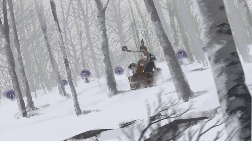 10s, 4girls, animal_ears, armpits, bad_id, bad_pixiv_id, bare_tree, blonde_hair