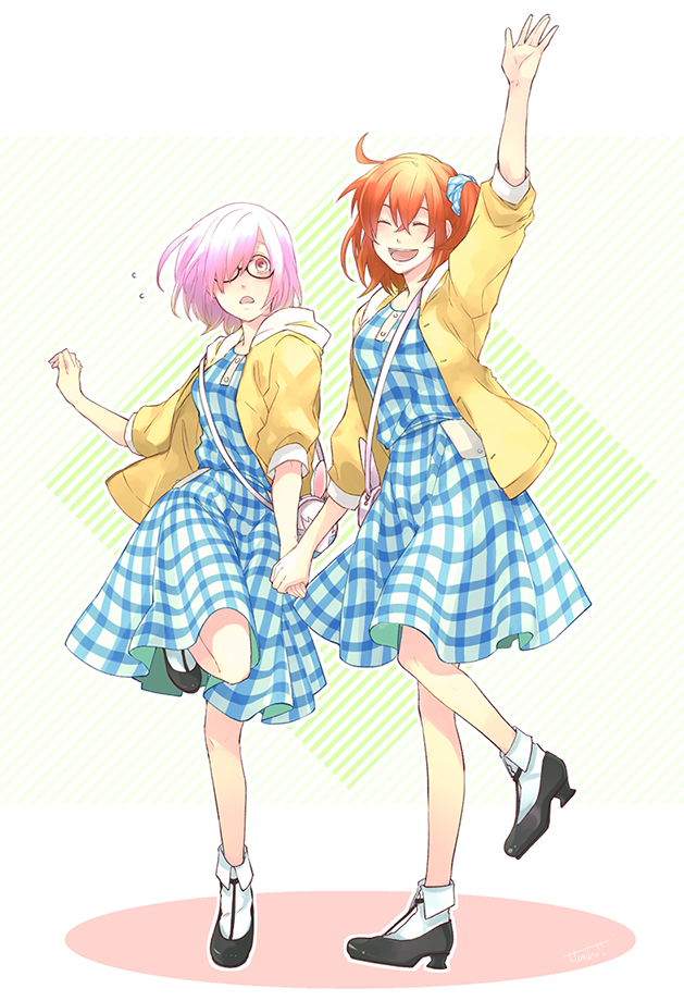 2girls, ^_^, ahoge, bag, blush, casual, closed_eyes, dress