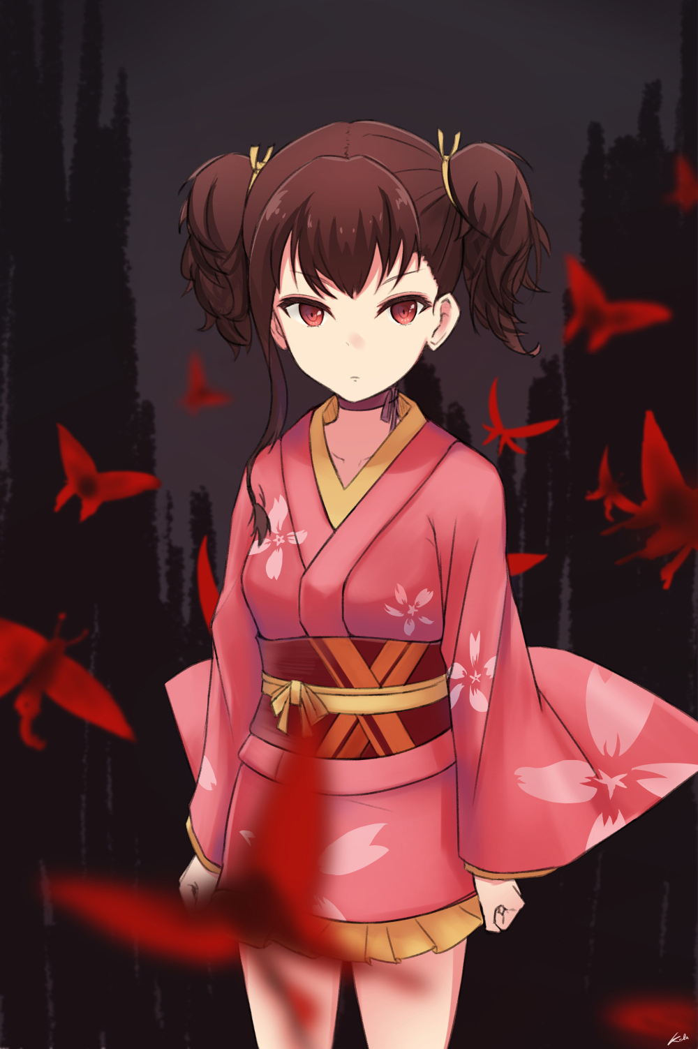 10s, 1girl, brown_hair, choker, cowboy_shot, female_focus, hair_ribbon, highres