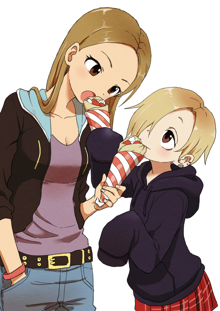 10s, 2girls, :>, :o, bags_under_eyes, belt, blonde_hair, blue_pants