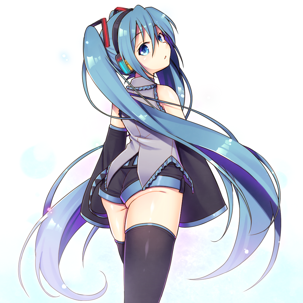 1girl, ass, bad_id, bad_pixiv_id, blue_eyes, blue_hair, detached_sleeves, female_focus