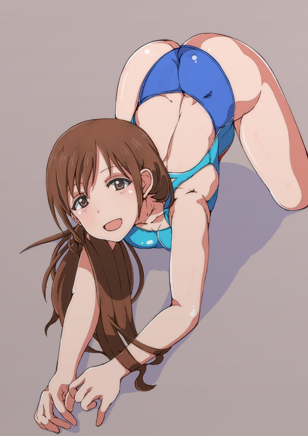 10s, 1girl, all_fours, ass, bad_id, bad_pixiv_id, blue_one-piece_swimsuit, brown_eyes