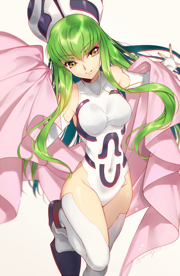 1girl, breasts, c.c., code_geass, cosplay, covered_navel, creayus, detached_sleeves, female_focus, green_hair, groin, hat, houshin_engi, leotard, long_hair, medium_breasts, simple_background, smile, so_dakki, so_dakki_(cosplay), solo, thighhighs, twitter_username, white_background, white_thighhighs, yellow_eyes