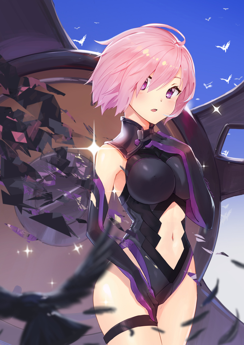 1girl, :o, armor, armored_dress, bare_legs, bare_shoulders, bird, black_gloves
