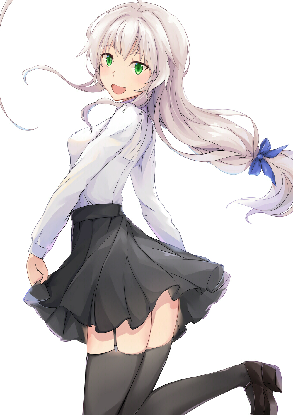 1girl, :d, ahoge, bad_id, bad_pixiv_id, black_skirt, black_thighhighs, blue_bow, blush, bow, breasts, brown_shoes, female_focus, garter_straps, green_eyes, grey_hair, hair_bow, haiyore!_nyaruko-san, head_tilt, highres, holding_own_skirt, huge_ahoge, loafers, long_hair, long_sleeves, low-tied_long_hair, medium_breasts, nyarlathotep_(nyaruko-san), open_mouth, pleated_skirt, powhway, shirt, shoes, simple_background, skirt, smile, solo, thighhighs, very_long_hair, white_background, white_shirt
