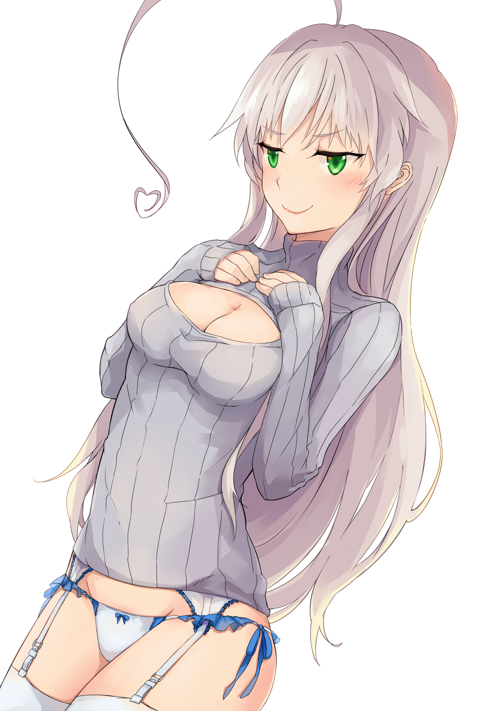 1girl, ahoge, bad_id, bad_pixiv_id, blush, bow, bow_panties, breasts, closed_mouth, female_focus, from_side, garter_straps, green_eyes, grey_hair, grey_sweater, groin, haiyore!_nyaruko-san, hands_on_own_chest, heart, highres, huge_ahoge, long_hair, long_sleeves, medium_breasts, no_pants, nyarlathotep_(nyaruko-san), open-chest_sweater, panties, powhway, ribbed_sweater, simple_background, sleeves_past_wrists, smile, solo, sweater, thighhighs, underwear, very_long_hair, white_background, white_panties, white_thighhighs