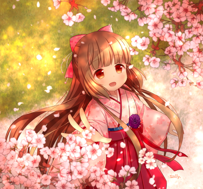 10s, 1girl, blush, bow, brown_eyes, brown_hair, cherry_blossoms, female_focus