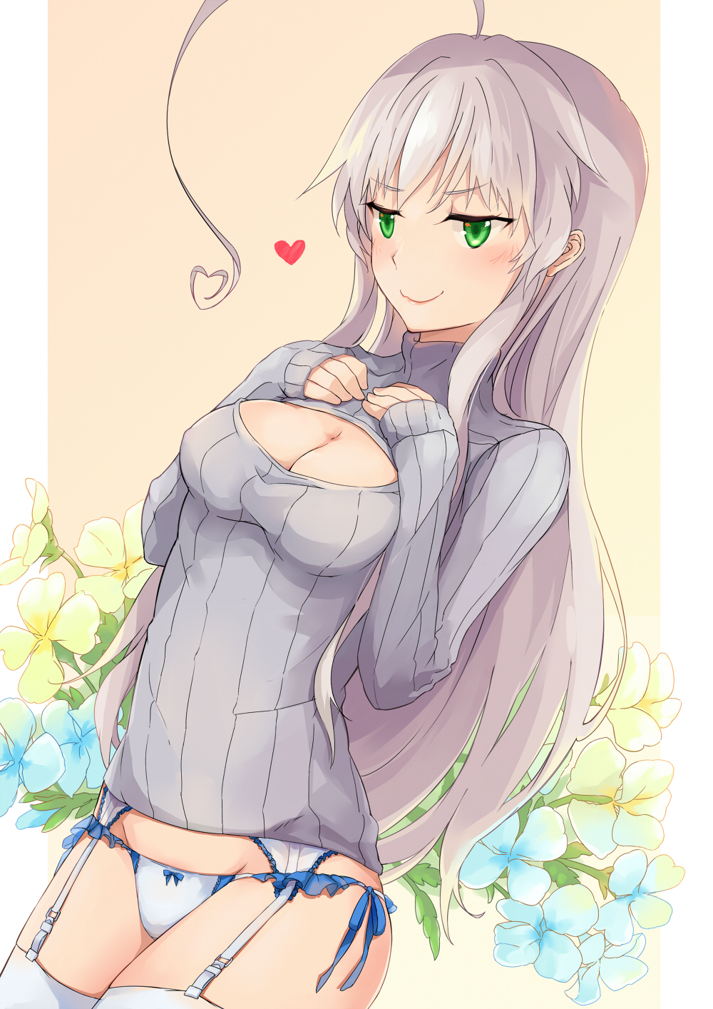 1girl, ahoge, bad_id, bad_pixiv_id, beige_background, blush, bow, bow_panties, breasts, closed_mouth, female_focus, floral_background, from_side, garter_straps, green_eyes, grey_hair, grey_sweater, groin, haiyore!_nyaruko-san, hands_on_own_chest, heart, highres, huge_ahoge, long_hair, long_sleeves, medium_breasts, no_pants, nyarlathotep_(nyaruko-san), open-chest_sweater, panties, powhway, ribbed_sweater, sleeves_past_wrists, smile, solo, sweater, thighhighs, underwear, very_long_hair, white_panties, white_thighhighs