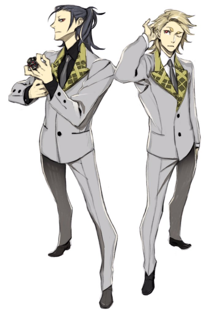 10s, 2boys, adapted_costume, alternate_hairstyle, black_hair, black_necktie, blonde_hair, formal_clothes