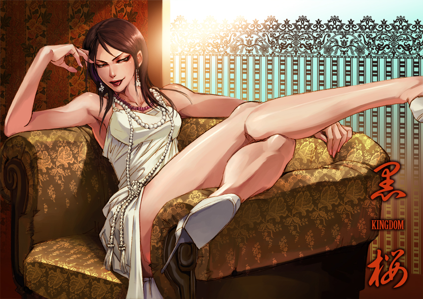 1girl, :p, black_hair, character_name, copyright_name, couch, dress, earrings, female_focus, high_heels, jewelry, kingdom_(series), kokuou_(kingdom), long_hair, necklace, solo, tongue, tongue_out, white_dress, yona_(edenkasuga)