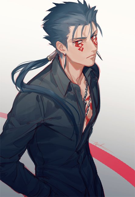 1boy, blue_hair, cu_chulainn_(fate), cu_chulainn_alter_(fate), cu_chulainn_alter_(fate/grand_order), cu_chulainn_alter_(outrage)_(fate), earrings, fate/grand_order, fate_(series), formal_clothes, jewelry, long_hair, looking_at_viewer, male_focus, ponytail, red_eyes, simple_background, solo, suda_ayaka, suit, tattoo