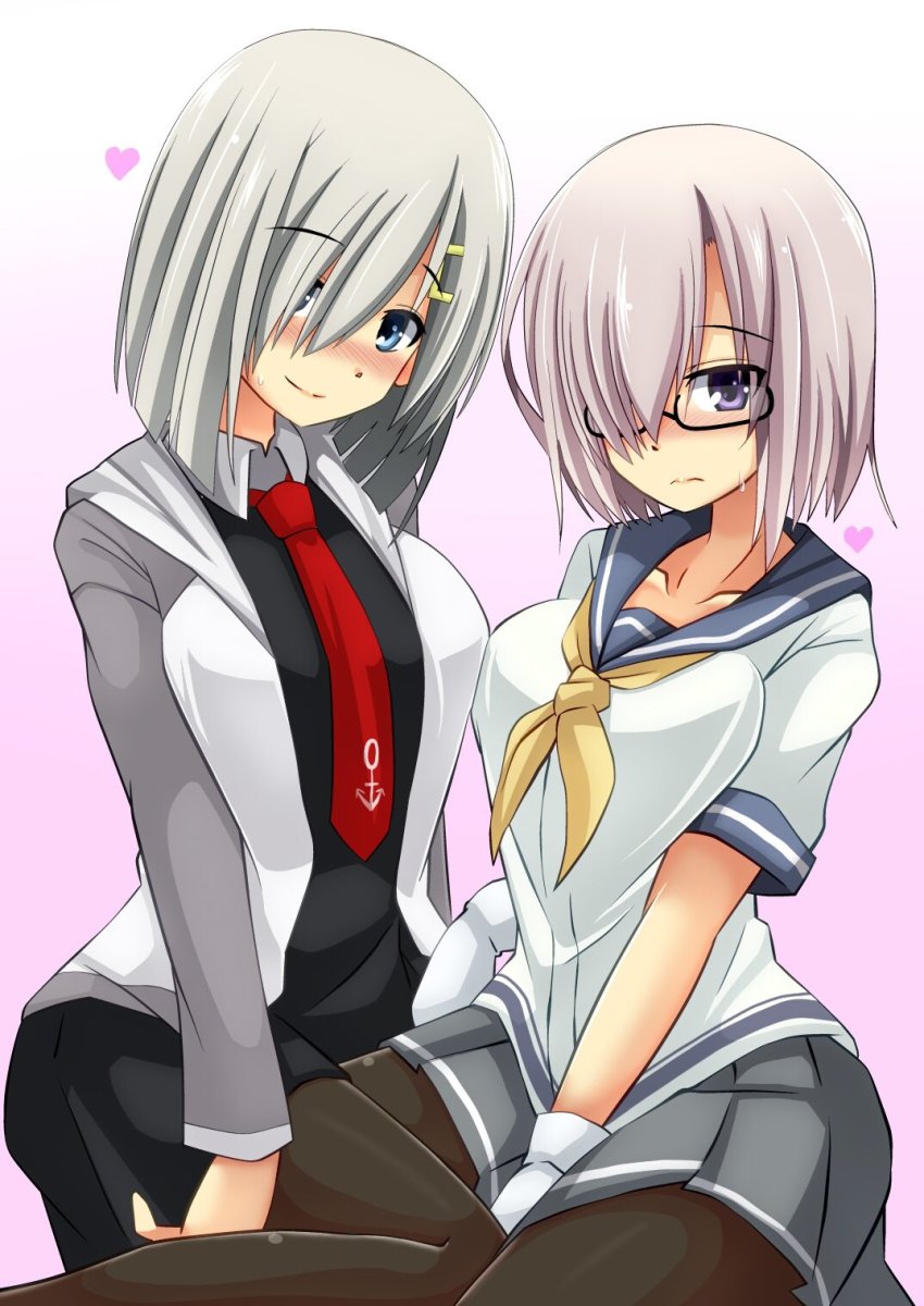 2girls, black-framed_eyewear, blue_eyes, blush, breasts, brown_legwear, collar, collarbone