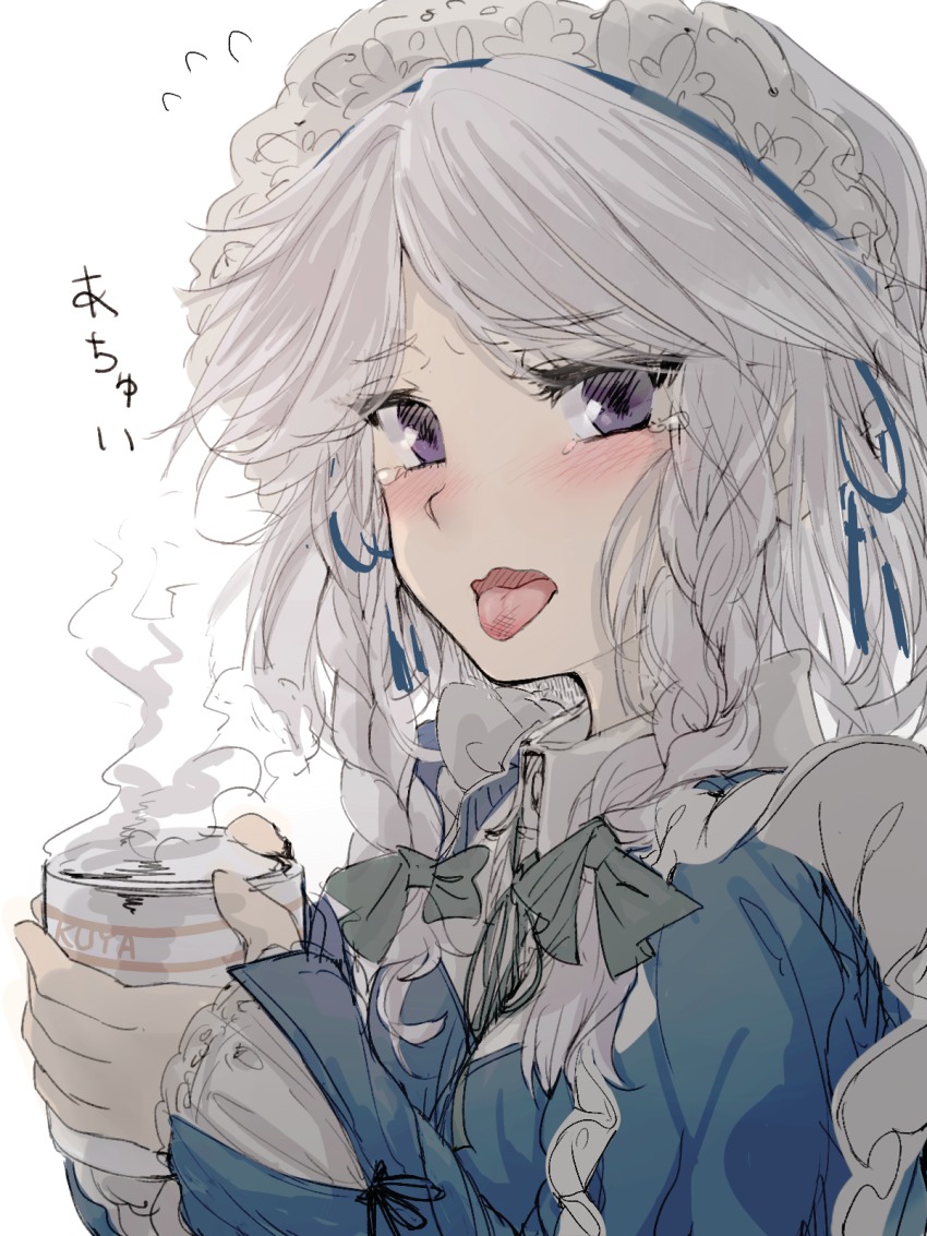 1girl, alternate_eye_color, blush, bow, braid, burnt_tongue, coffee, colorized