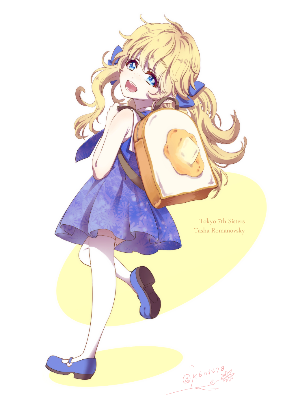 1girl, :d, backpack, bag, blonde_hair, blue_dress, blue_eyes, blue_shoes